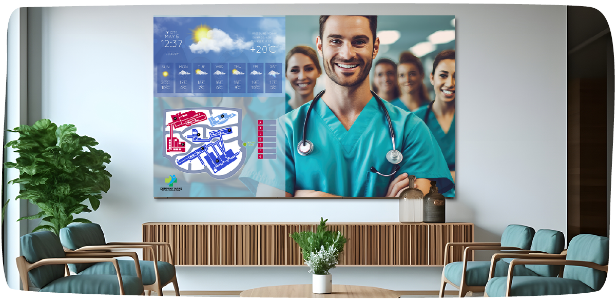 Hospital waiting room with large LED wall display of map wayfinding solution and doctors smiling