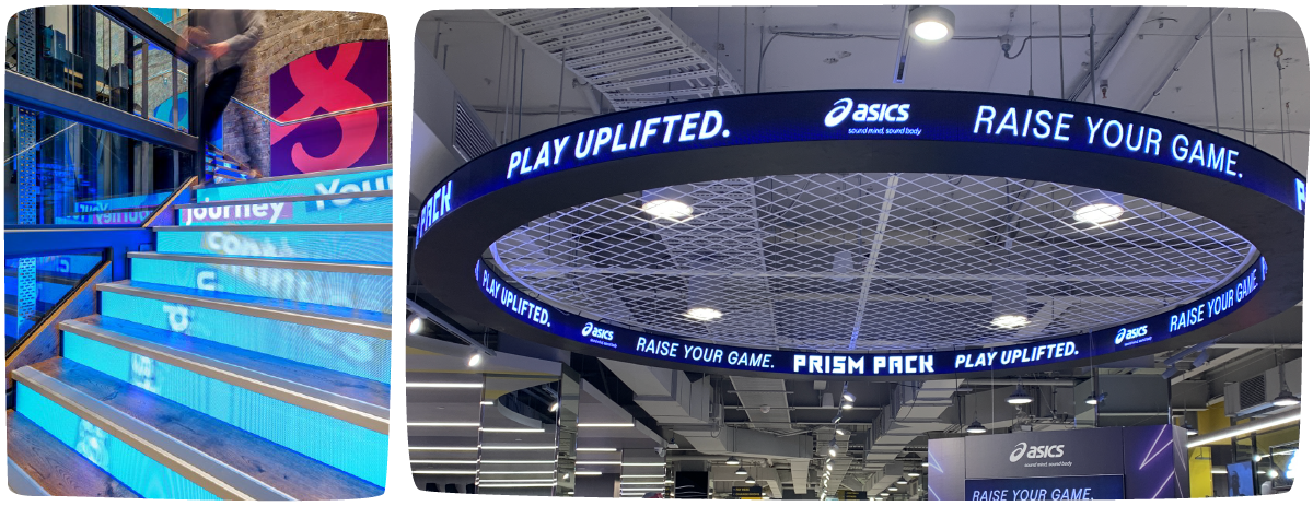 LED tred staircase with vibrant imagery. LED circular ticker hung from the ceiling with internal and external wraparound LED advertising
