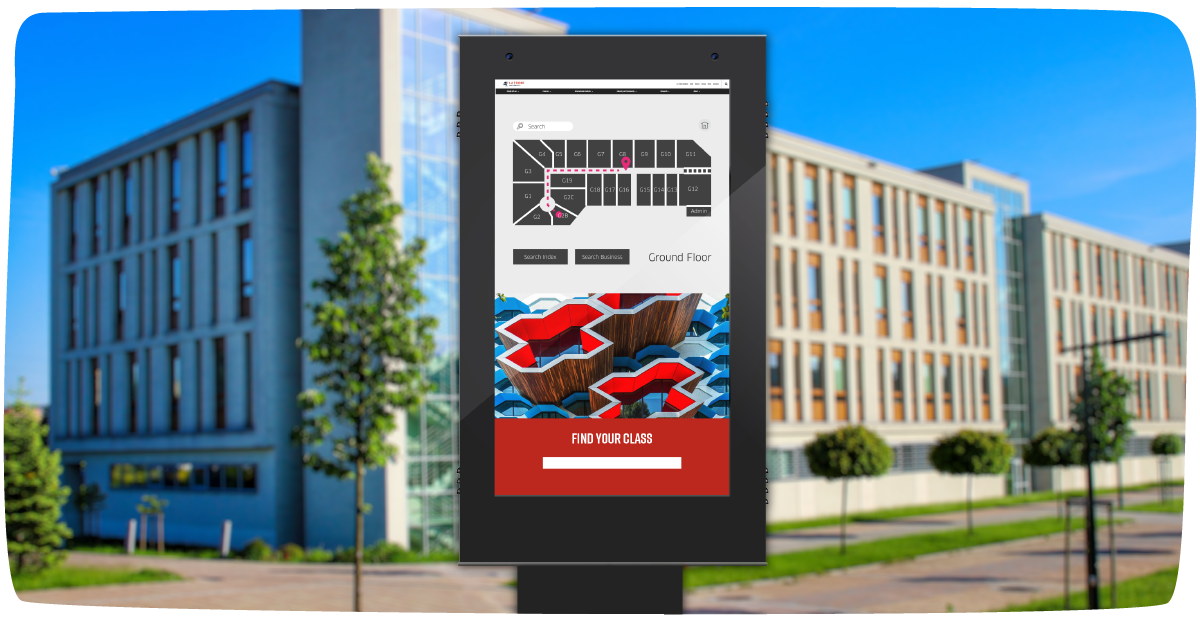 Example of touch kiosk with wayfinding solution with a unversity building blurred in background
