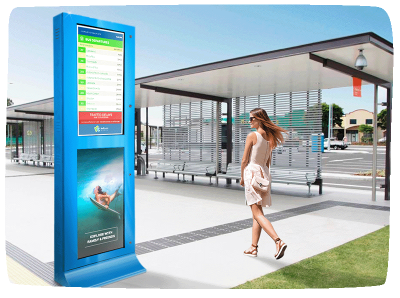 AI mockup of a bus stop with a girl walking past it and a pillar featuring two screens on top of each other displaying the bus timetable and a community advert