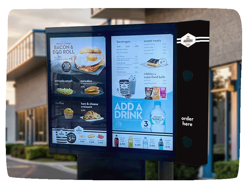 Drive-thru menu of a cafe with two digital screens showcasing their specials and food items