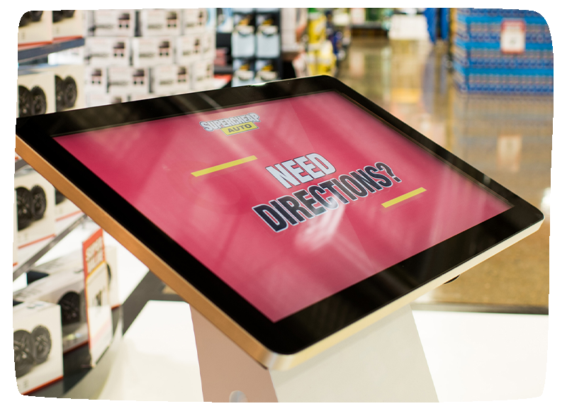 Close up of a wayfinding touch kiosk at a Supercheap Auto site with need directions on it. 