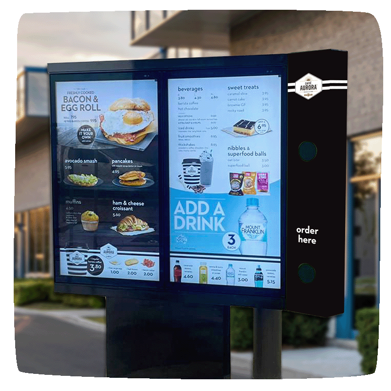 Dual screen drive-thru mockup with digital menus