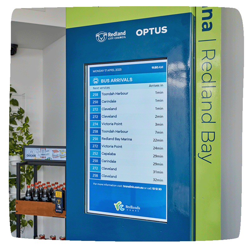 Redland City Council branded bus-stop plinth with a single digital screen in the middle.