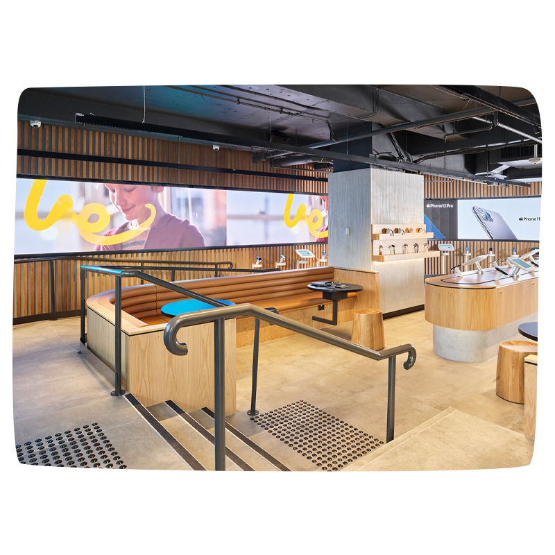 A look inside an Optus shop that has been fitting with new digital screens, a curved LED wall and other displays throughout the site.