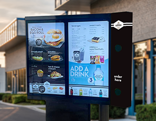 A cafe drive-thru menu displaying their food and drink sales and promotions.
