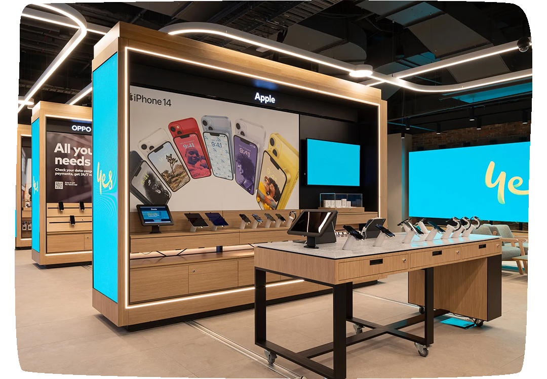 LED isle ends and large LED wall display at YOS store