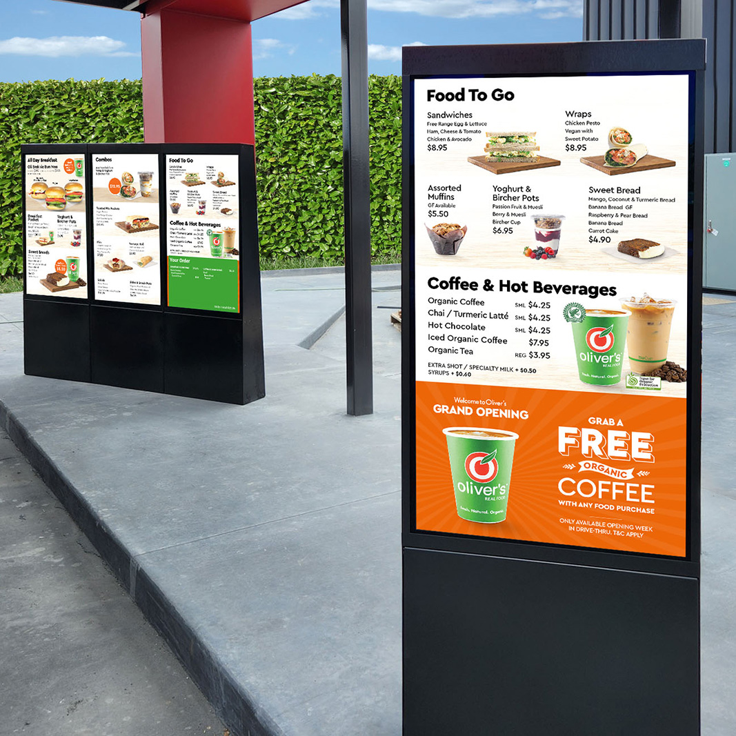 Drive-thru Screen mockup with pre reader promotion and order confirmation display